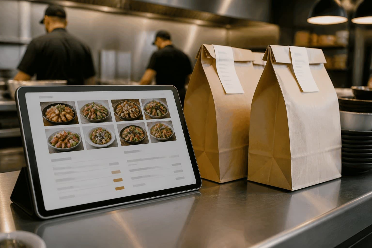 Restaurant branded online ordering storefront on a tablet next to an existing receipt printer