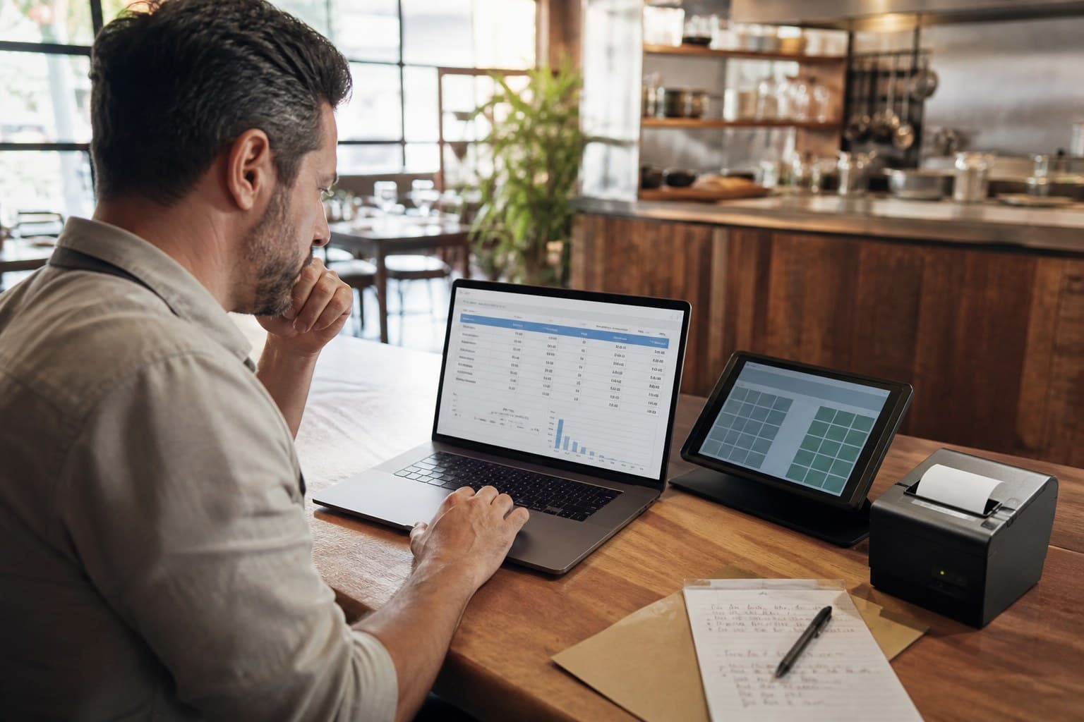 Restaurant operator reviewing Toast POS fees, hardware, and monthly cost on a laptop