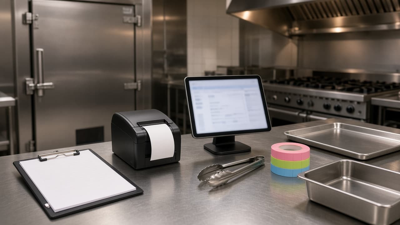 Commercial kitchen pass with a receipt printer, an order tablet, a blank checklist, and day-dot labels on a stainless table