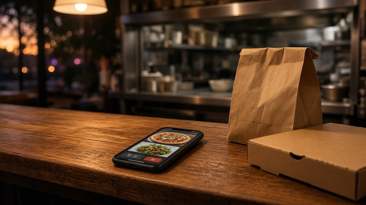 Phone on a restaurant counter showing a menu and cart beside a pizza box and a paper takeout bag