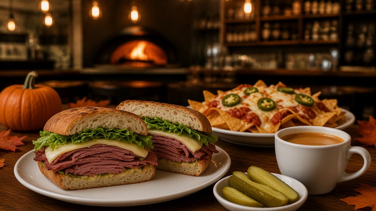 Deli sandwich, pickle spears, espresso, and nachos on a wooden restaurant table for a November food holiday promo