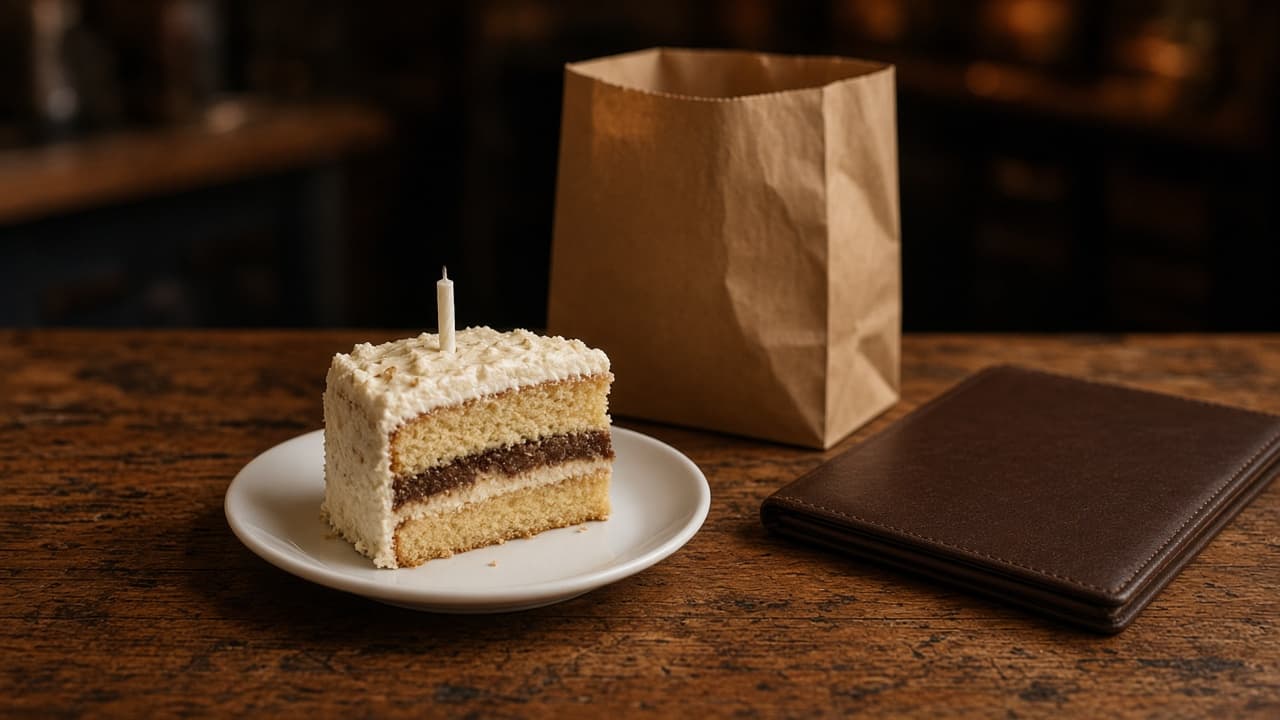 Slice of layer cake on a restaurant counter beside a paper takeout bag, the kind of birthday reward an independent restaurant can actually serve