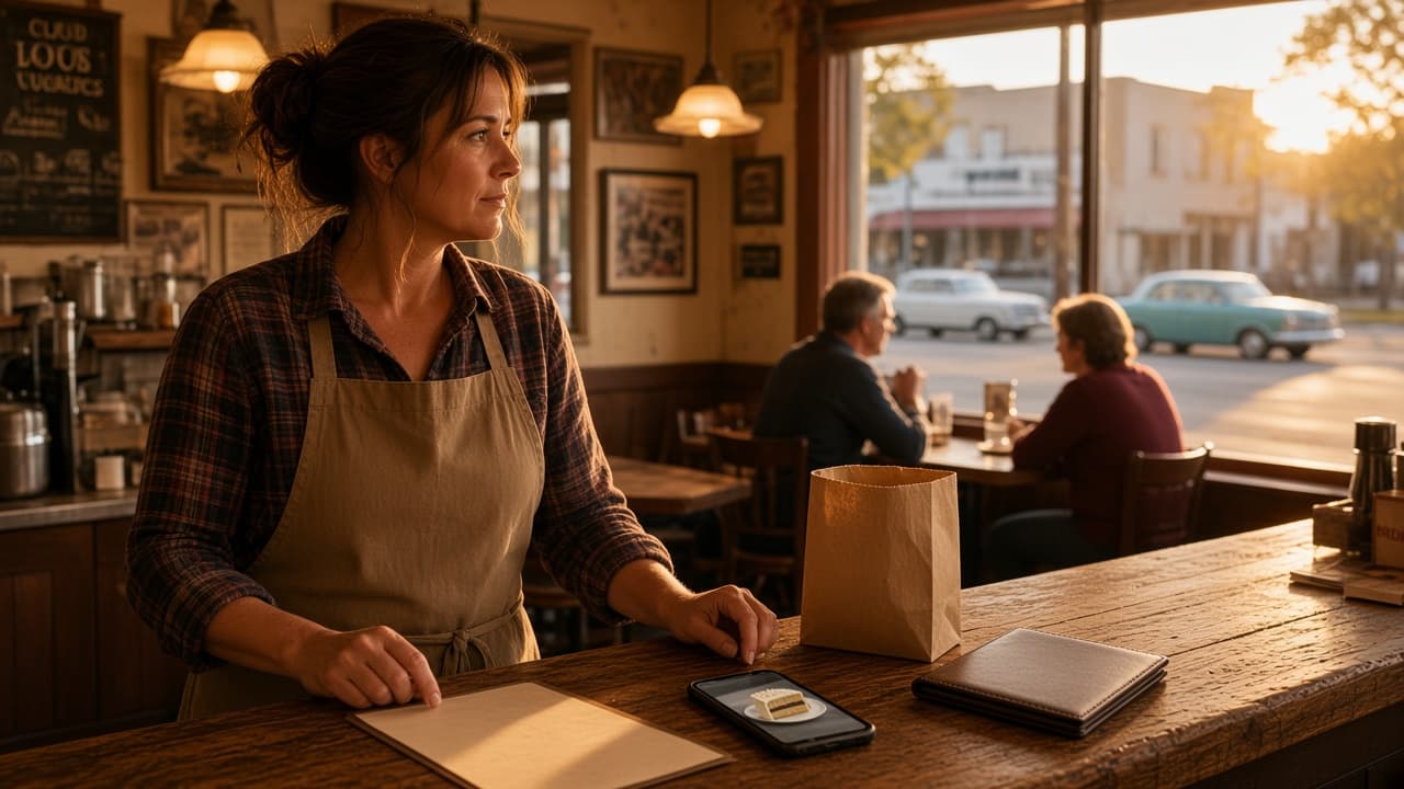 Small town restaurant owner behind the counter at golden hour, with regulars at a window table and the street visible outside