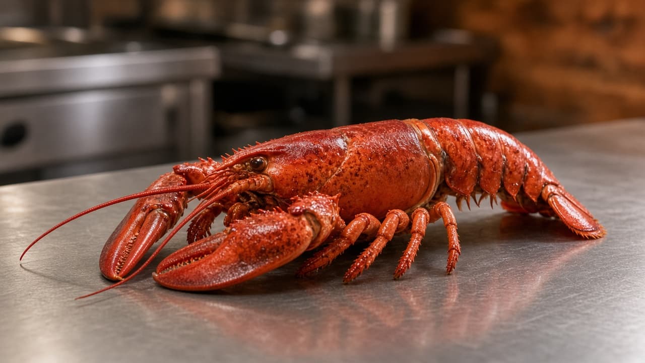 Cooked lobster on a stainless prep table in an independent restaurant kitchen, the kind of plate often marked MP on a paper menu