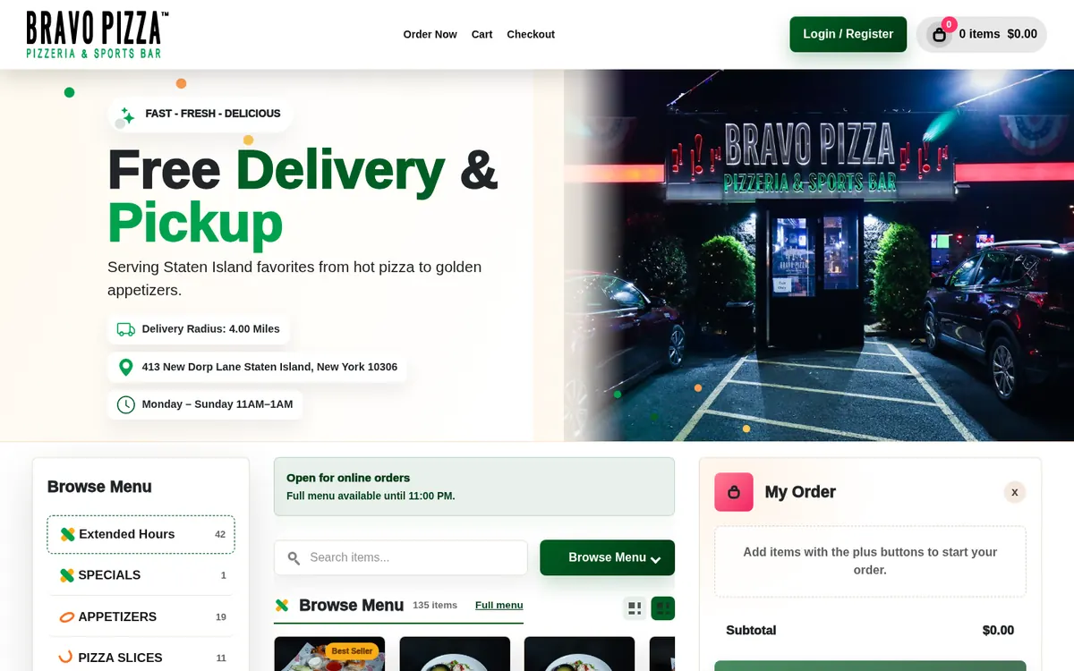 Bravo Pizza online ordering page for Staten Island