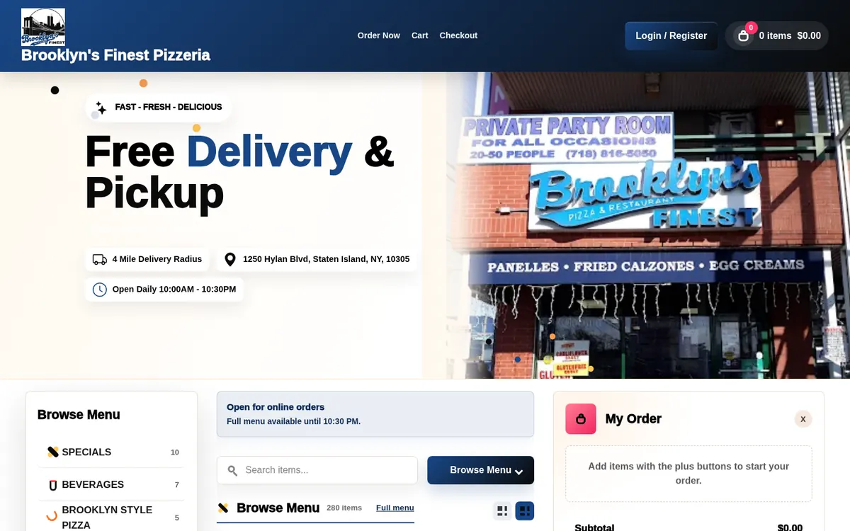 Brooklyn's Finest Pizza online ordering page for Staten Island