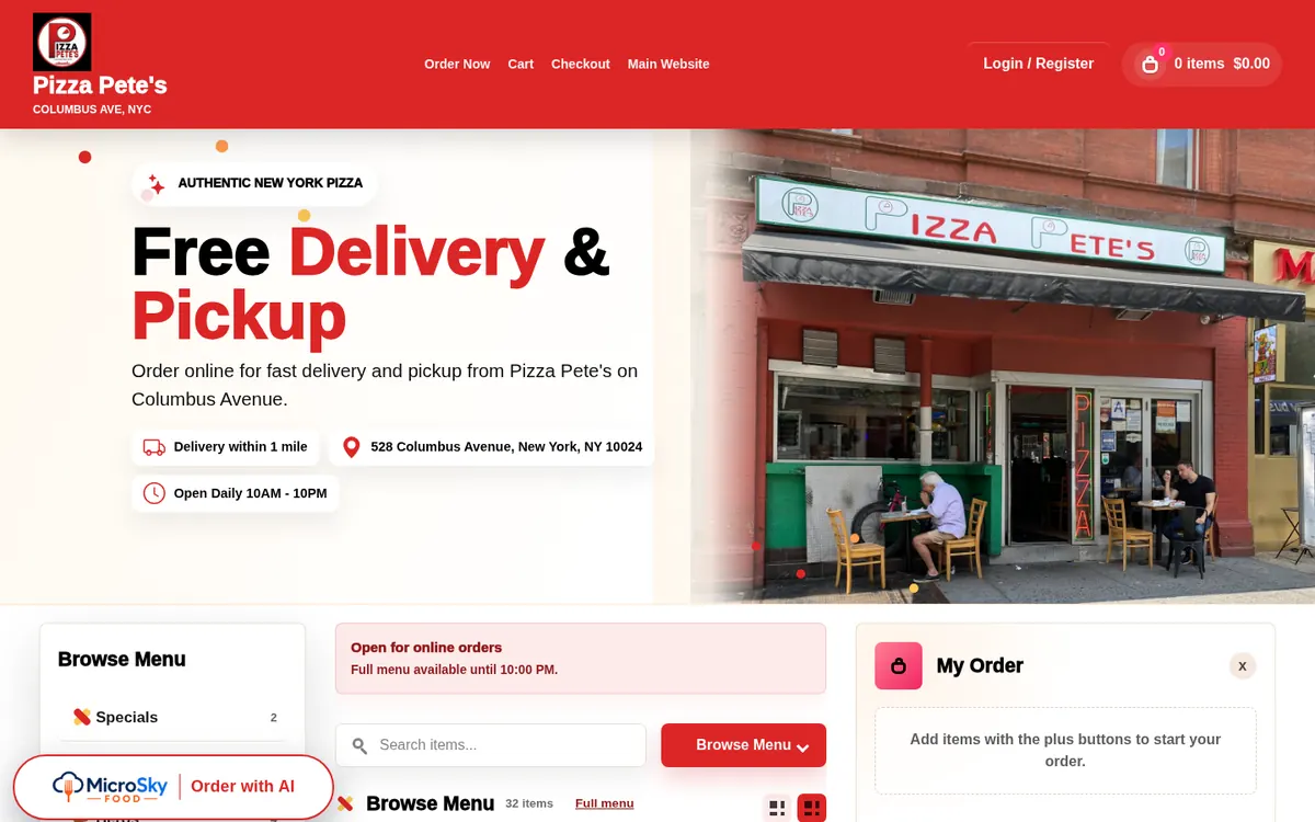 Pizza Pete's online ordering page for the Upper West Side