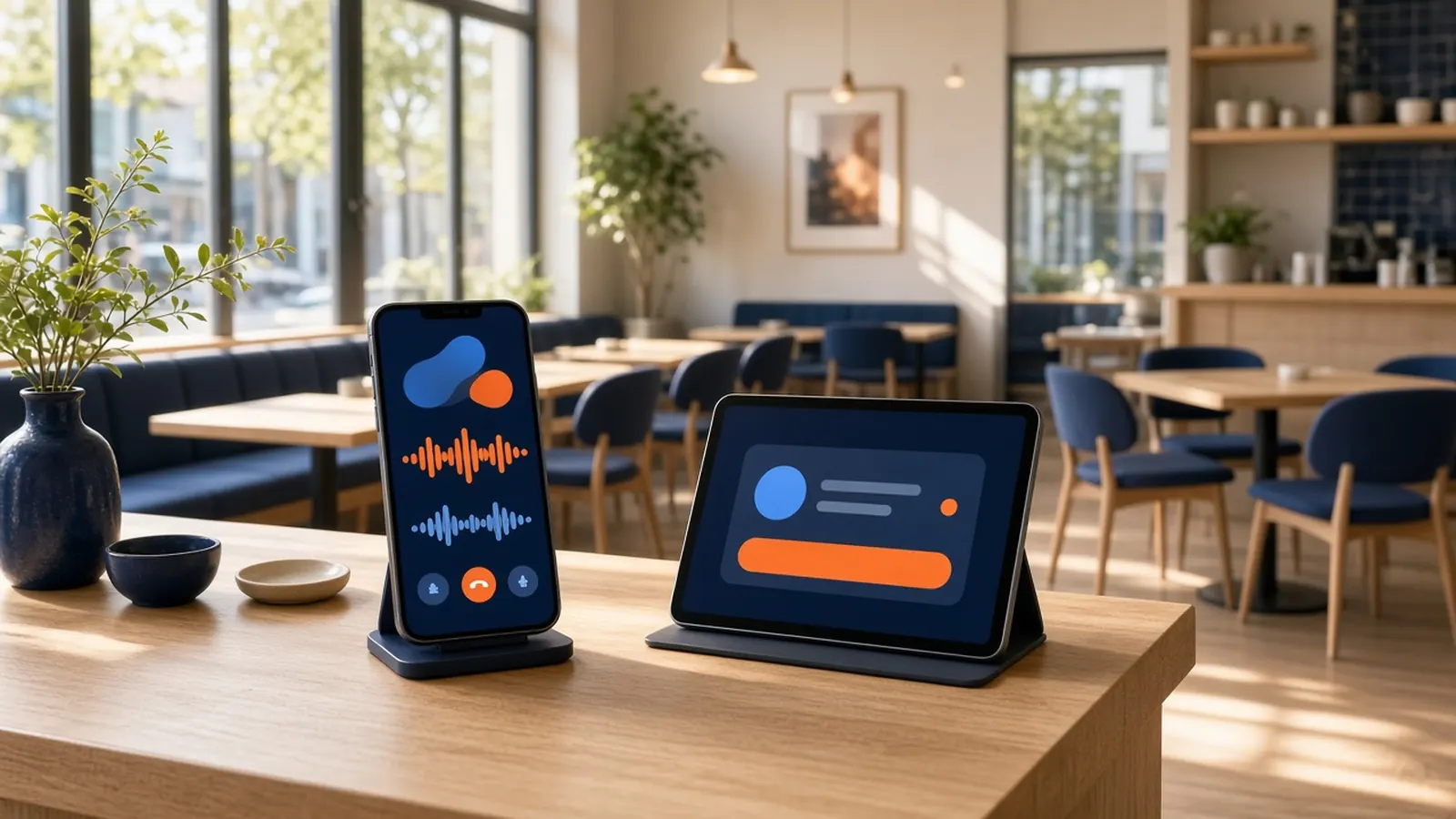 Phone and tablet on a sunny restaurant counter answering calls as a 24/7 restaurant phone answering service