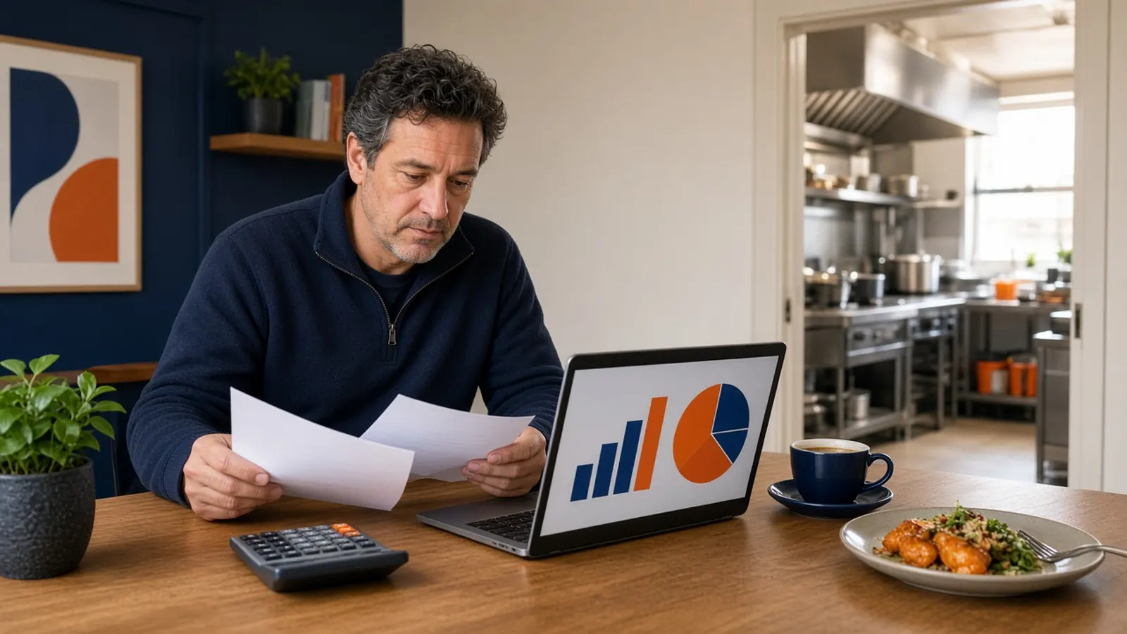Restaurant owner reviewing charts and receipts to work out the average restaurant profit margin
