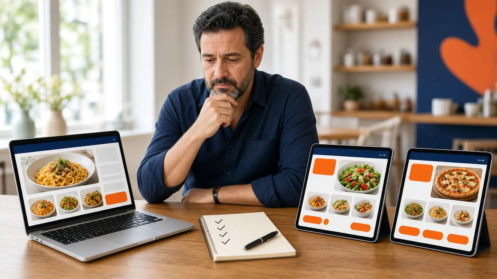 Owner comparing ordering storefronts on a laptop and tablets, the best online ordering systems for restaurants 2026