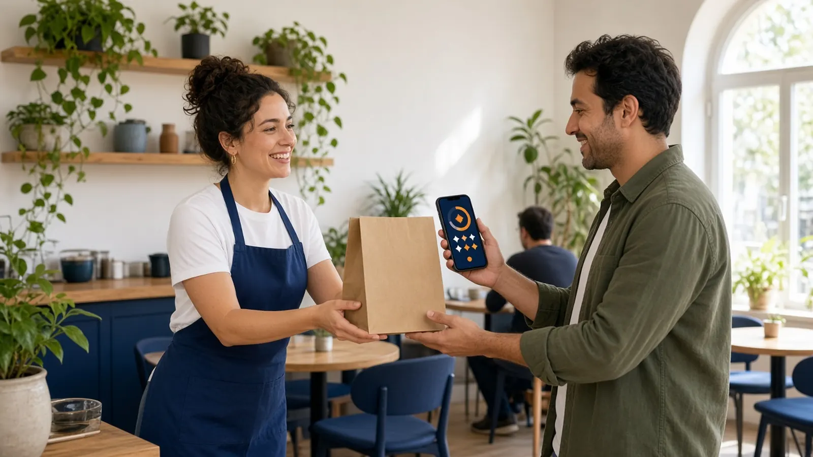 Server handing a takeout bag to a regular checking rewards on her phone, inspired by the best restaurant loyalty programs