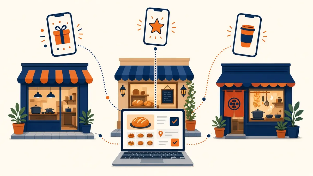 Illustration of independent shops with gift, star and coffee rewards from the best restaurant loyalty programs