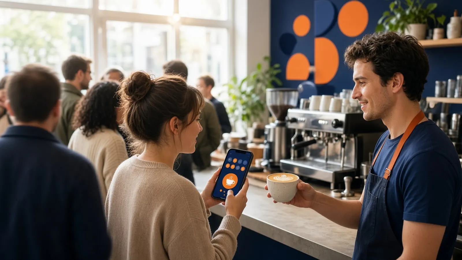Customer checking coffee stamp rewards on her phone during the morning rush, a cafe loyalty program in action