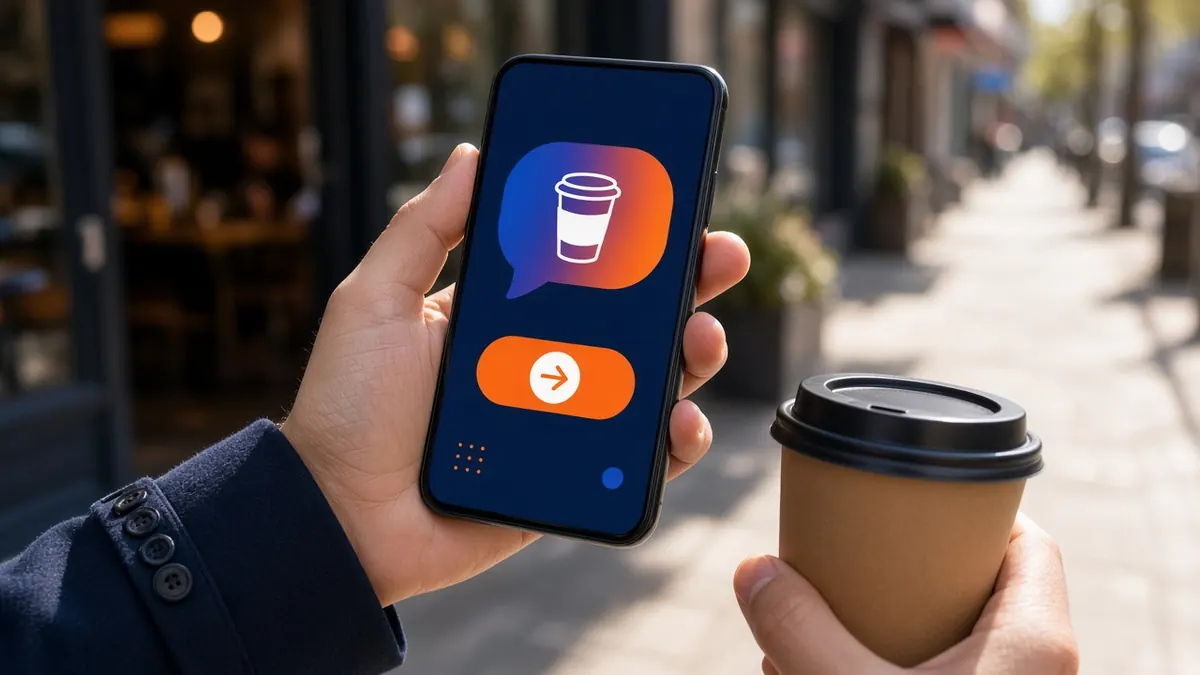 Commuter holding a takeaway coffee and a phone with a reorder nudge from a cafe loyalty program