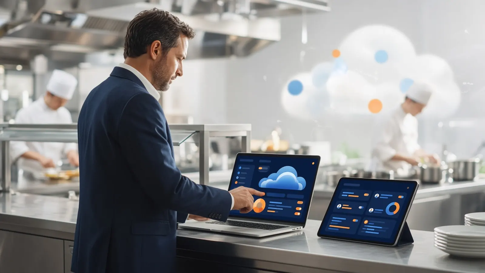 Restaurant manager using cloud based restaurant management software on a laptop and tablet in the kitchen