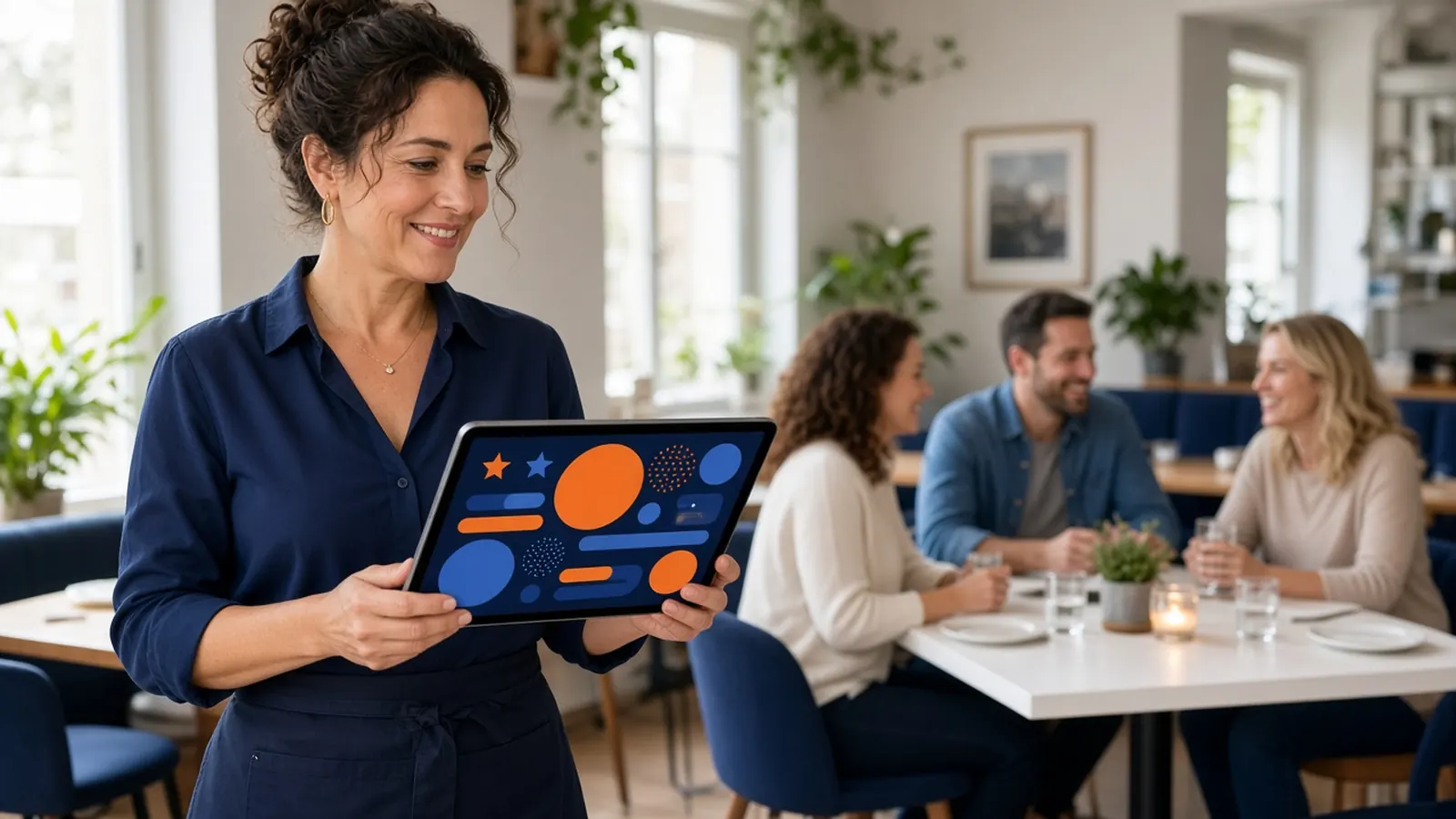 Restaurant owner holding a tablet with a rewards dashboard while regulars dine, a guide to dining rewards programs
