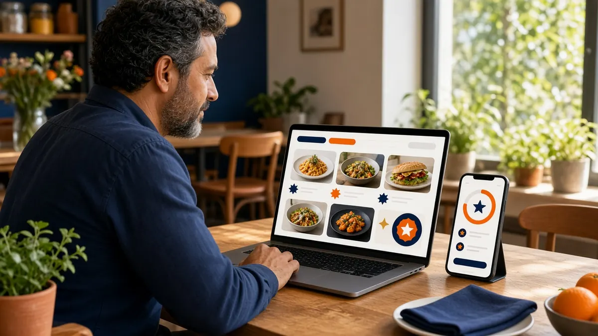 Owner setting up dining rewards programs on their own restaurant ordering website with a laptop and phone