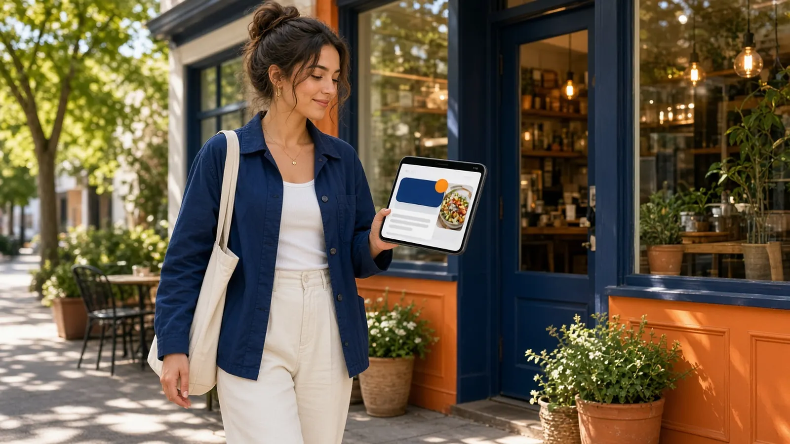 Woman outside a local restaurant reading a food notification, a simple alternative to geofencing for restaurants