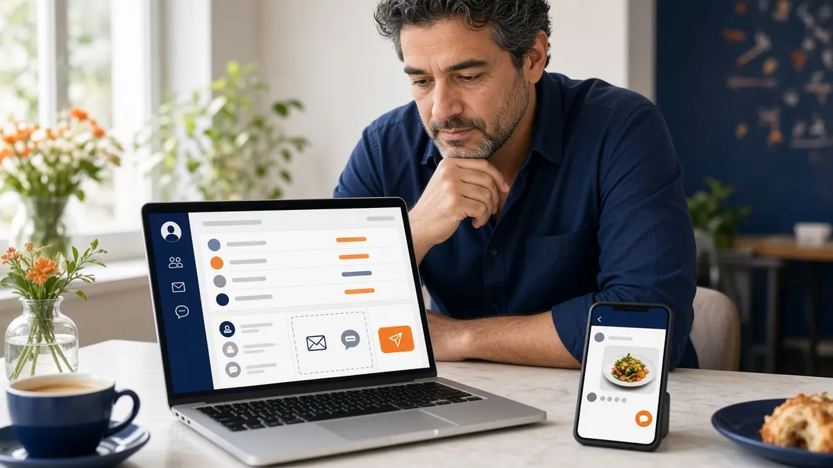 Owner building an email and text list on a laptop, compared with geofencing for restaurants