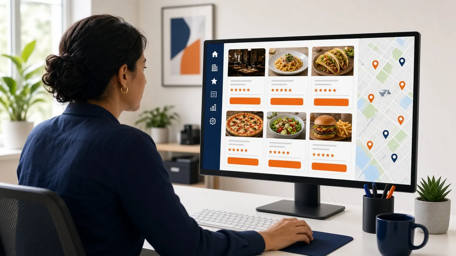 Manager reviewing several location listings and a map for google business profile optimization for restaurant groups