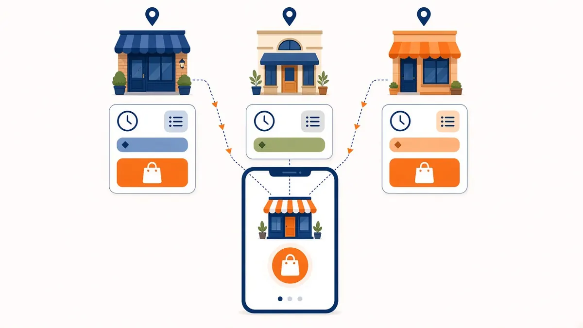 Illustration of three locations with matching listings for google business profile optimization for restaurant groups