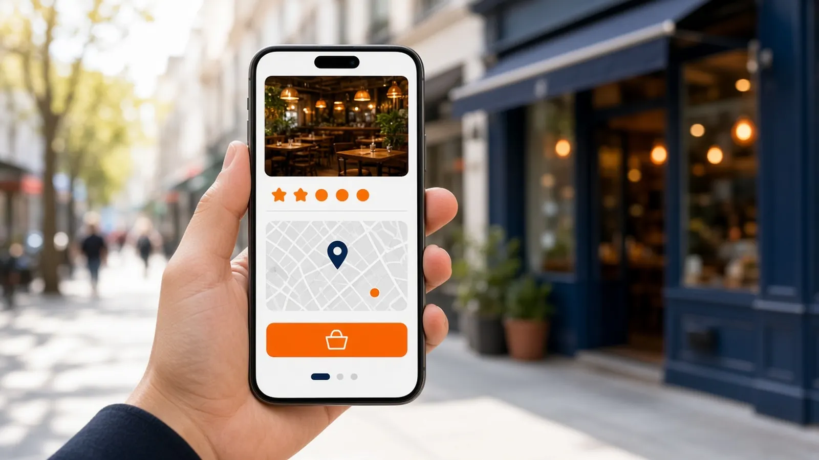 Phone showing a local restaurant listing with an order button, illustrating Google ordering for restaurants