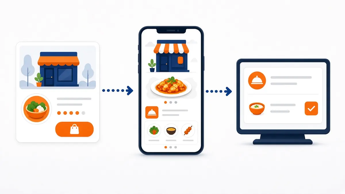 Illustration of Google ordering flowing from a listing button to the restaurant's own storefront and kitchen