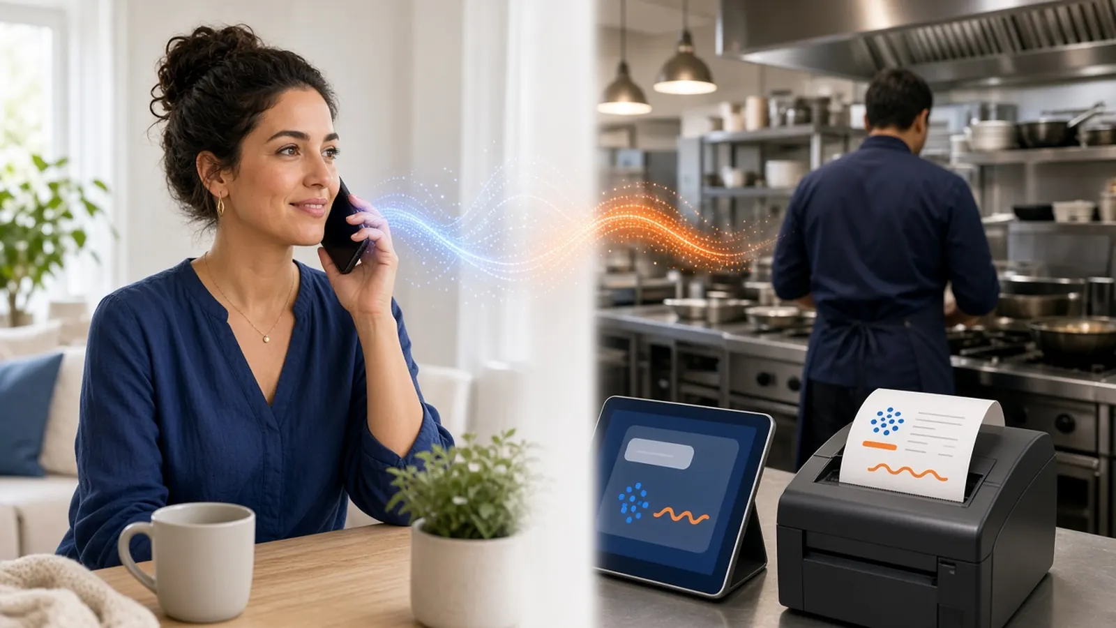 Customer calling a restaurant while an AI voice sends the ticket to the kitchen, how AI phone ordering works for restaurants