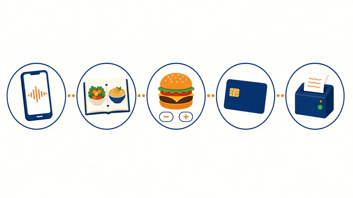 Illustration of greeting, menu, options, payment and kitchen ticket showing how AI phone ordering works for restaurants