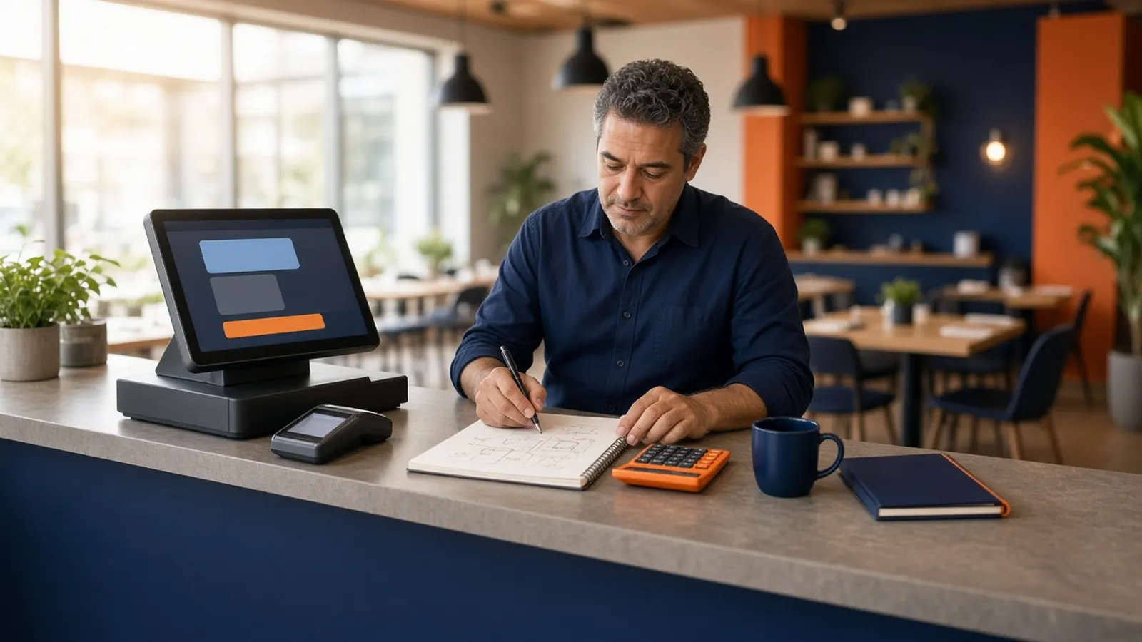 Restaurant owner with a calculator at the register asking how much does a POS system cost for a restaurant