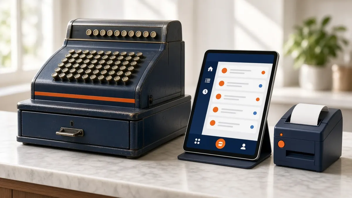 Old cash register beside a tablet and receipt printer, answering how much does a pos system cost for a restaurant