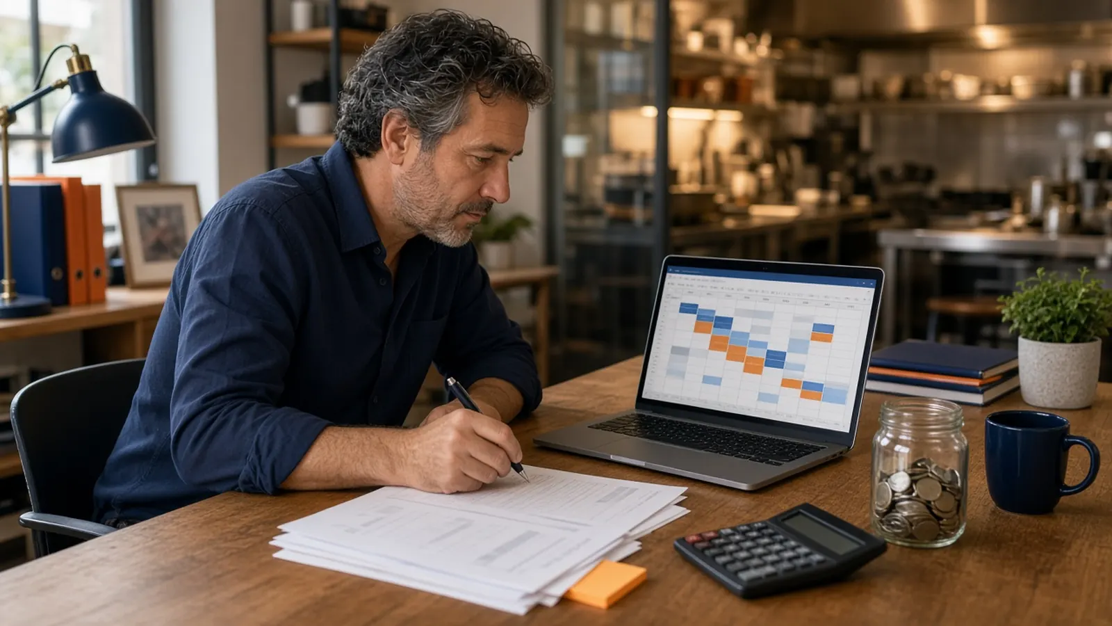 Restaurant owner planning a yearly budget on a laptop with invoices and a calculator, how to budget a restaurant