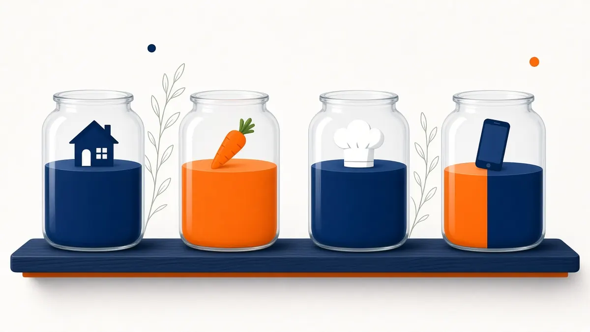 Illustration of budget jars for rent, food, staff and ordering fees showing how to budget a restaurant