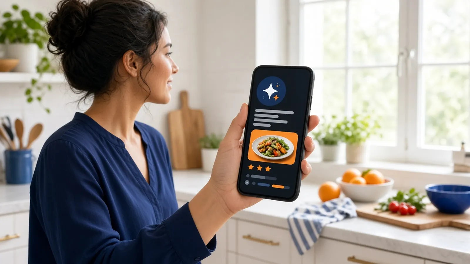 Woman asking an AI assistant on her phone for dinner ideas, showing how to get AI assistants to suggest my restaurant