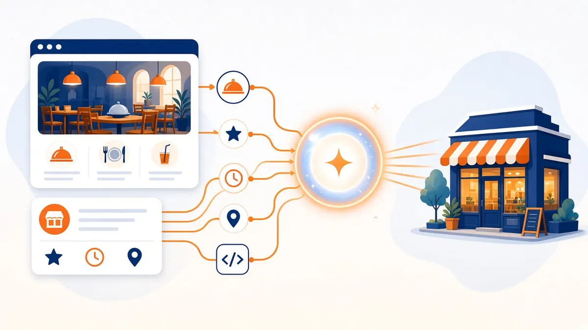 Illustration of menu, reviews, hours and location signals feeding an AI, how to get AI assistants to suggest my restaurant