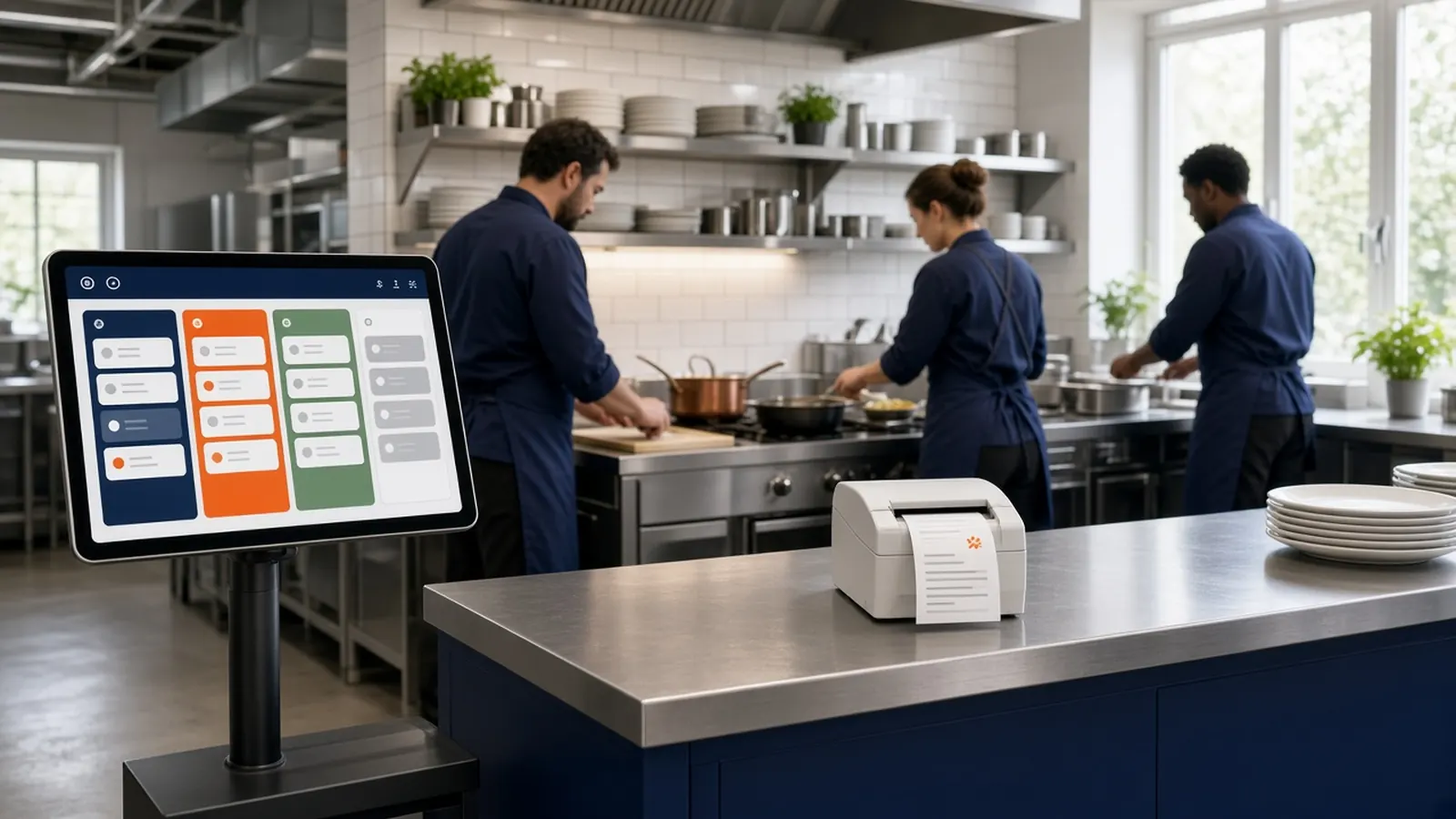 Calm kitchen with one order board tablet and a receipt printer, showing how to improve restaurant operations