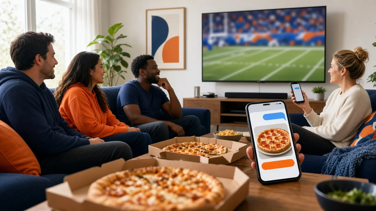 Friends watching the big game with pizza and a text offer on a phone, an idea for marketing for pizza restaurant