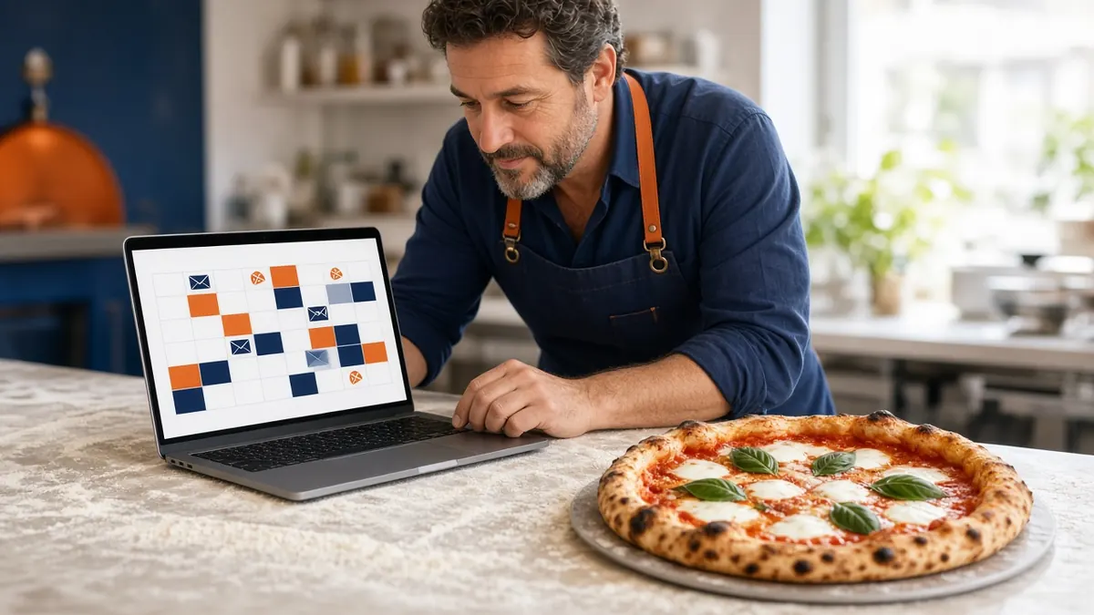 Pizzeria owner planning a promotion calendar on a laptop as part of marketing for pizza restaurant