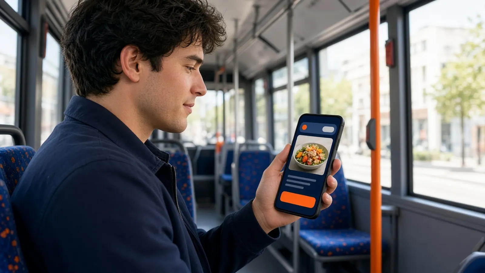 Man on a city bus viewing a restaurant offer notification, an example of mobile marketing for restaurants