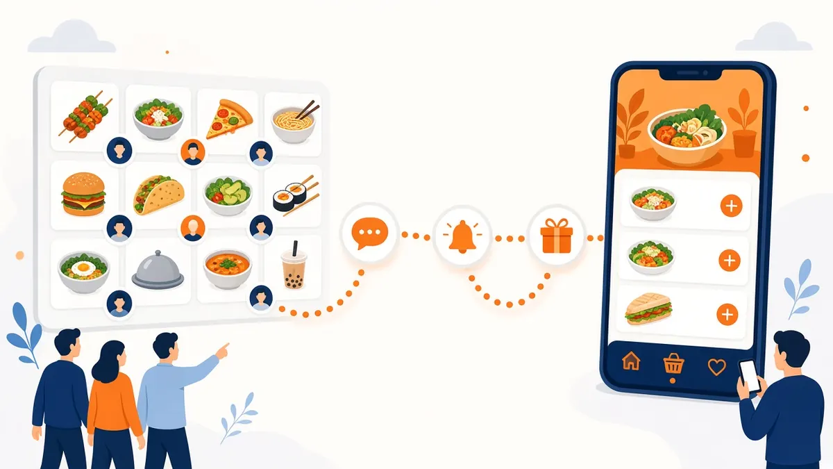 Illustration of guests moving from a marketplace to a restaurant's own app through mobile marketing for restaurants