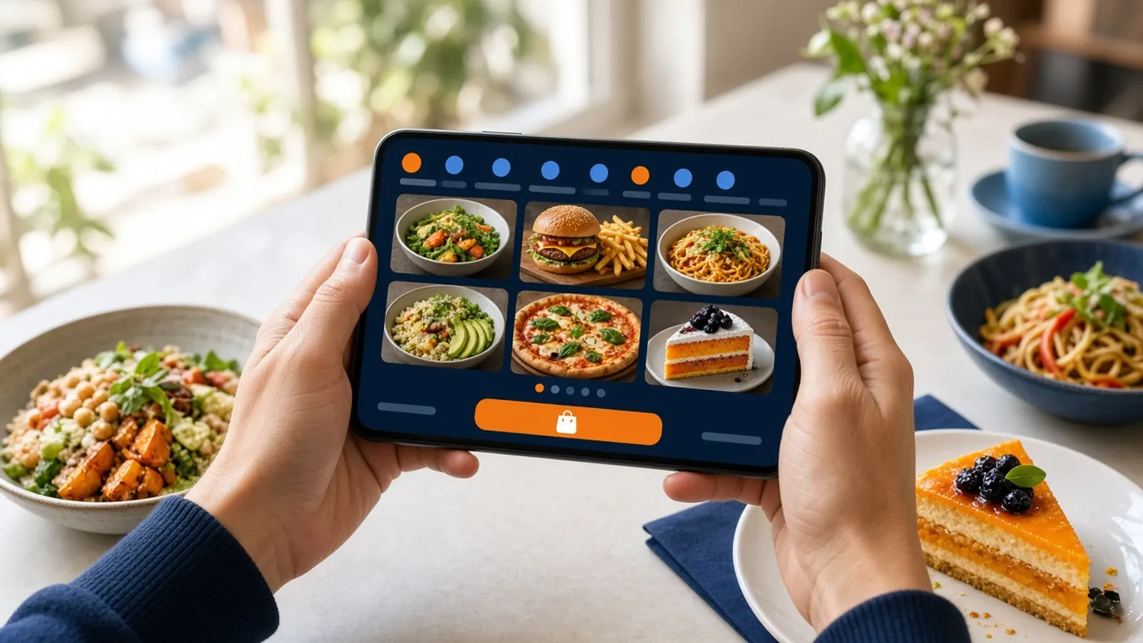 Guest browsing an online ordering menu with food photos on a phone at a cafe table