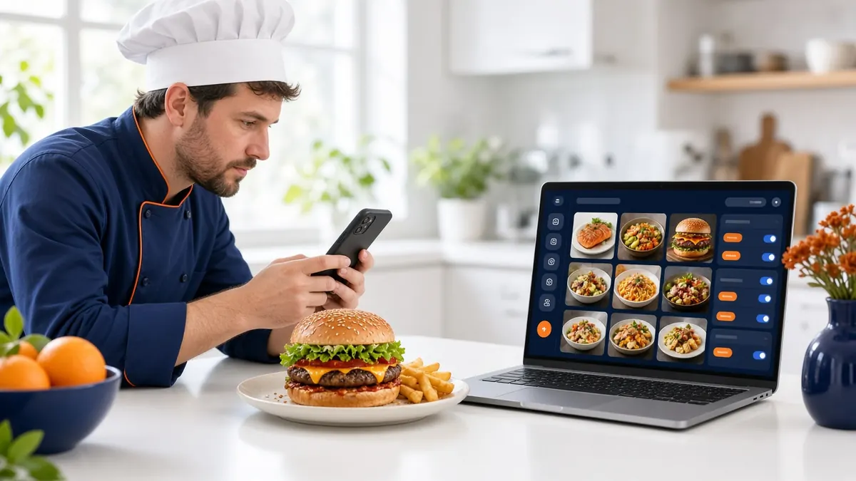 Chef photographing a burger while building an online ordering menu with modifiers on a laptop