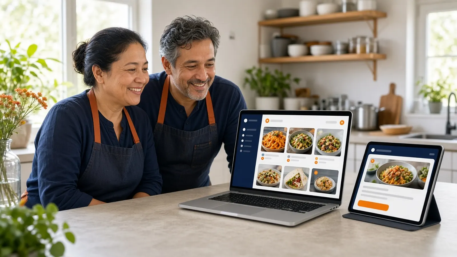 Couple who own a small restaurant reviewing their online ordering system for small business on a laptop