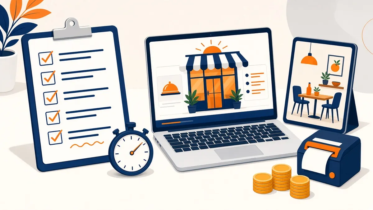 Illustration of a day one setup checklist, timer, laptop and printer for an online ordering system for small business