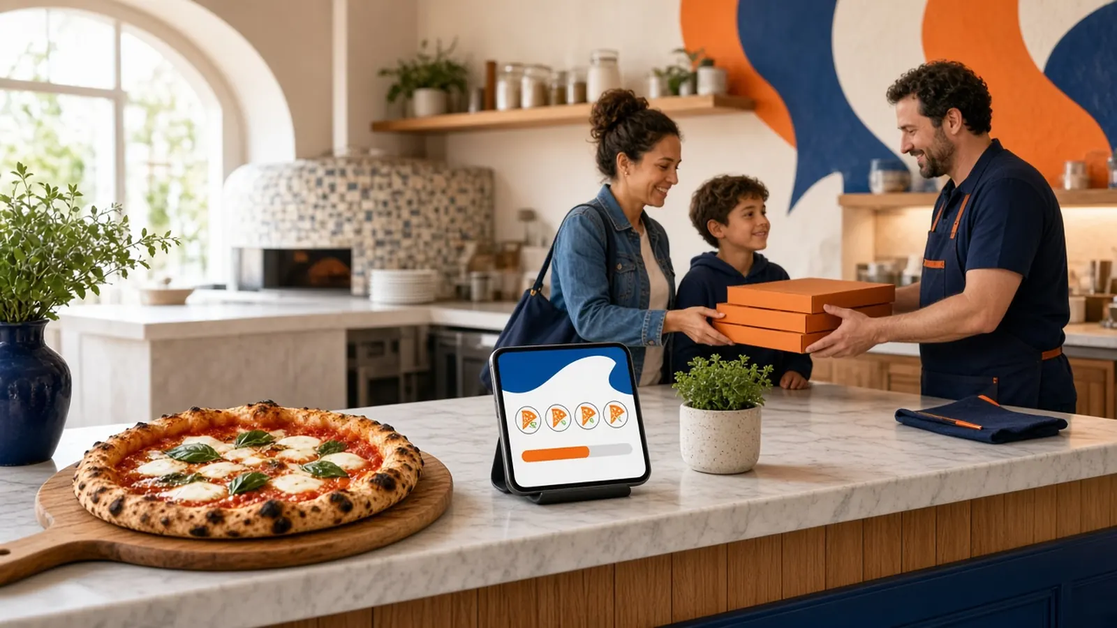 Family picking up pizza boxes at a pizzeria counter with a rewards tablet, an example of pizza loyalty programs