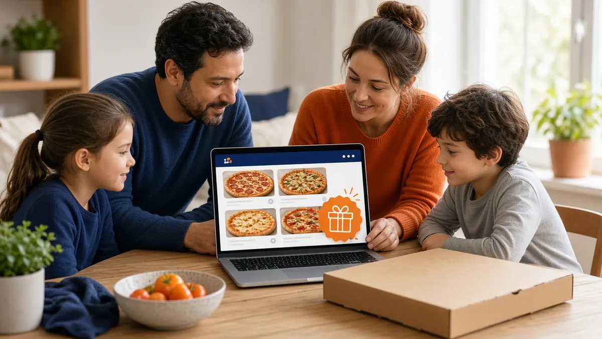 Family ordering pizza night online with a gift reward on screen, showing how pizza loyalty programs work