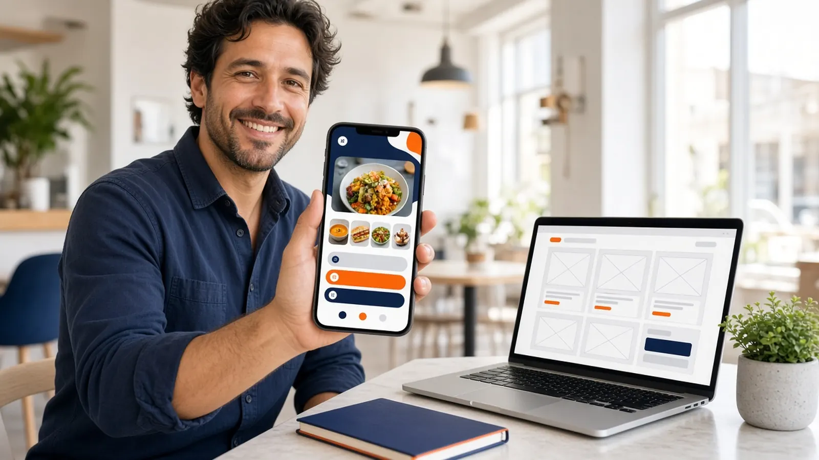 Restaurant owner showing a branded ordering app on his phone, created with restaurant app development services