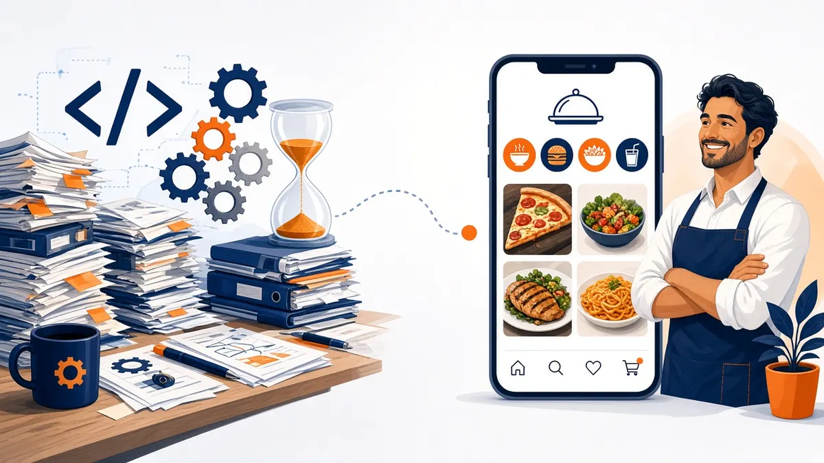 Illustration comparing a slow custom build with a ready branded app from restaurant app development services