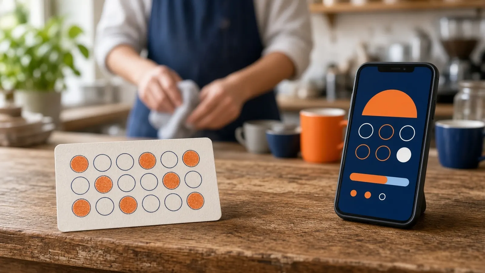 Cafe counter with a paper restaurant loyalty card next to a phone showing a digital rewards screen