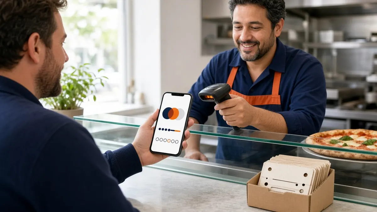 Pizzeria owner scanning a regular's phone to replace the old restaurant loyalty card with digital rewards